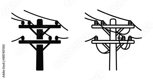 Telephone pole icon with power lines. Electric poles. Vector illustration of transmission towers isolated on white background.