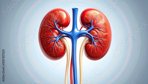 Detail human kidney illustration. High detail anatomical illustration of kidneys and renal vessels, ideal for medical education and health topics.