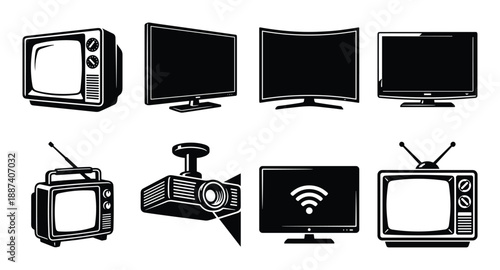 Television sets and projector, various types and styles, including old and new models, black silhouettes vector