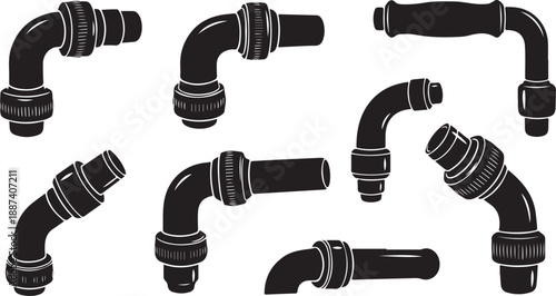 Black and white illustration of various pipe fittings collection