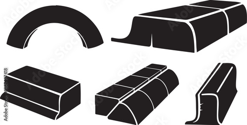 Black and white illustration of various curved blocks shapes