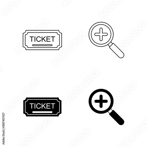 Illustration of a ticket and a magnifying glass, in black and white
