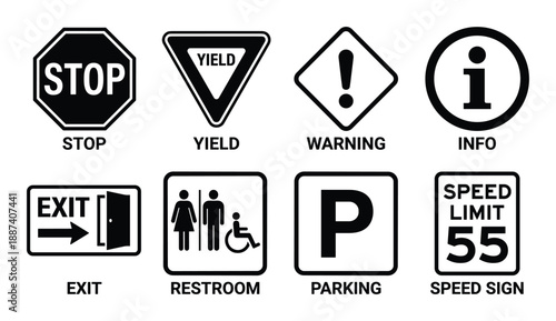 Traffic and informational road signs collection: Stop, Yield, Warning, Info, Exit, Restroom, Parking, Speed limit