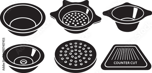 Black and white kitchen strainer and colander set icons