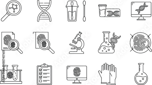 Forensic science laboratory line icons set with fingerprint DNA analysis research tools vector illustration