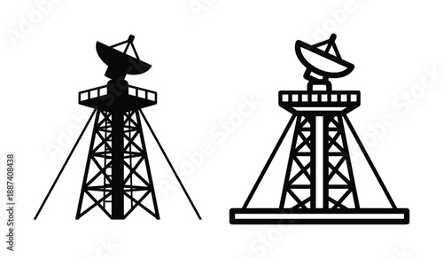 Two black satellite towers, telecommunication tower, antenna tower silhouettes. Radio tower, communication technology, broadcasting