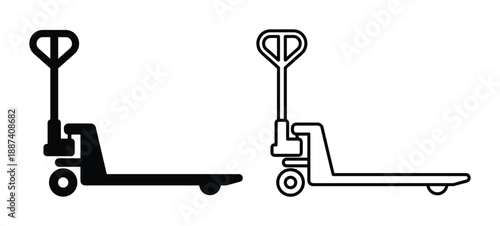Two pallet jacks vector illustrations, warehouse equipment icon. Black and outline hand pallet trucks isolated.