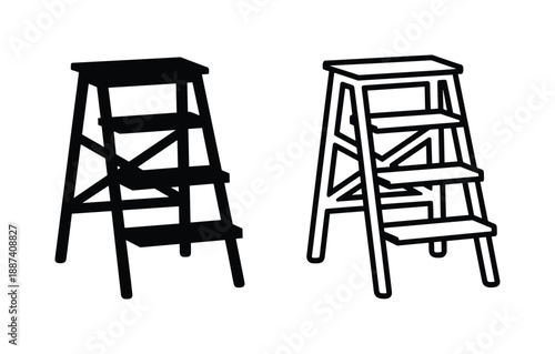 Two stepladder icons, solid fill and outline versions, black and white vector illustration.