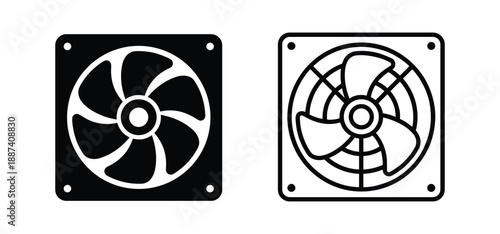 Two vector computer fans icons with square frames and mounting holes for PC cooling system components