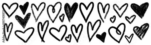 Bold hand drawn hearts set with chalk crayon texture in expressive grunge scrapbook style. Playful imperfect vector illustration with rough strokes, isolated collection romantic elements for design