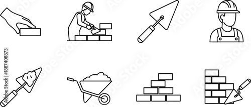 Bricklaying construction line icons set with mason tools worker wall building outline vector illustration