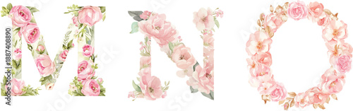 Floral Alphabet: Elegant floral letters M, N, and O intricately designed, displaying a beautiful combination of delicate flowers and artistic floral arrangement.