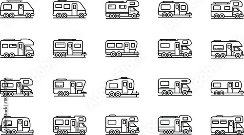 Camper van and motorhome line icons set with recreational vehicle travel outline vector illustration