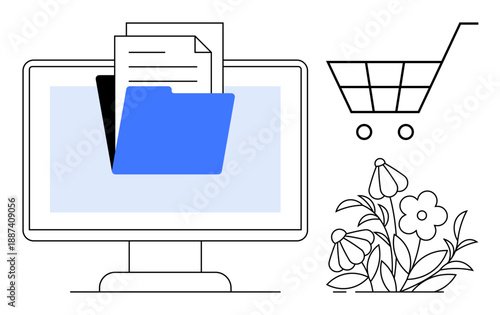 File organization, online shopping, e-commerce solutions, digital storage, workflow management, eco-friendly lifestyle. Monitor with folder and documents, shopping cart and flowers. File