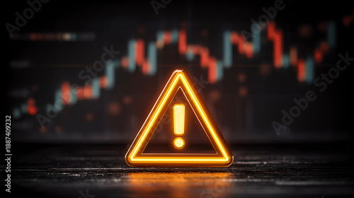 Glowing orange warning triangle alert icon over volatile stock market data chart