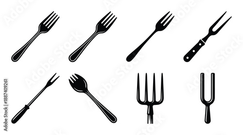 Variety of forks black and white vector illustration set on a white background, utensil collection for dining