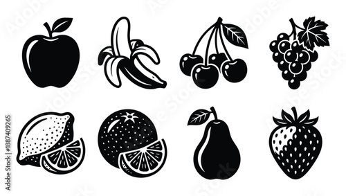 Variety of Fruits in Black and White Silhouette Style, Apple, Banana, Cherries, Grapes, Lemon, Orange, Pear, and Strawberry