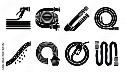 Various garden hose icons with spray nozzle, soaker hose, corrugated hose, and fuel pump hose in black and white