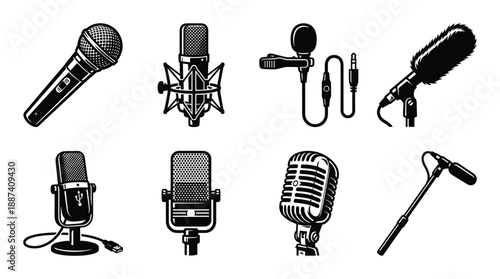 Various microphone types illustration: dynamic, condenser, lavalier, shotgun microphones and vintage model.