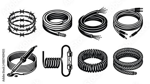Various electrical wires, cables, and soldering iron vector illustrations set