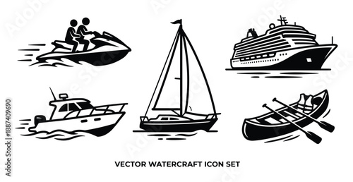 Vector set of watercraft icons, including jet ski, yacht, cruise ship, motorboat, and canoe black and white design