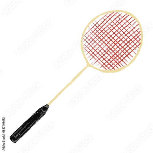 Hand drawn badminton racket in chalk style with rough texture and playful scribbles, naive grunge doodle vector illustration, scrapbook friendly sports element isolated on white.