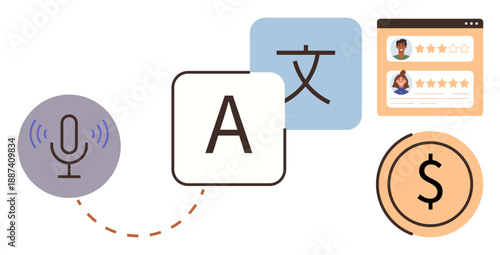 Language translation, voice recognition, online reviews, communication, digital tools, ecommerce. Microphone, text tiles currency symbol user rating interface. Language translation and voice