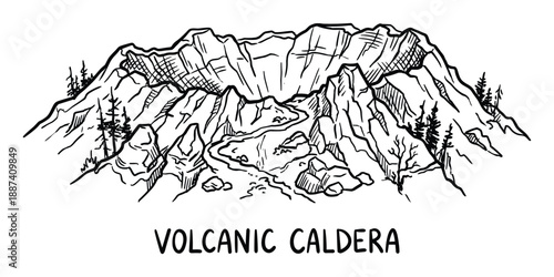 Volcanic Caldera Hand Drawn Illustration: Crater Lake Scenery, Cliffs and Nature Landscape