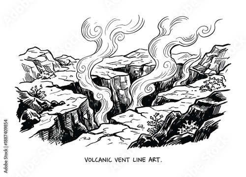 Volcanic vent line art illustration. Black and white mountain canyon with smoke coming out from the hot rock.