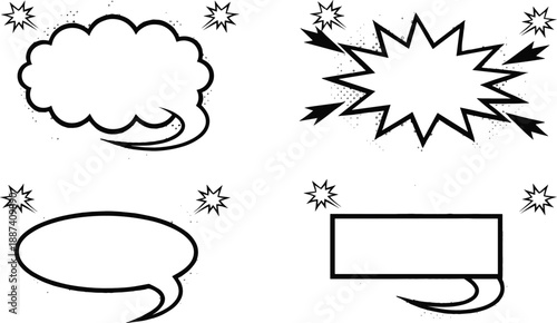 Comic speech bubbles and explosion frames illustration set with pop art halftone vector design