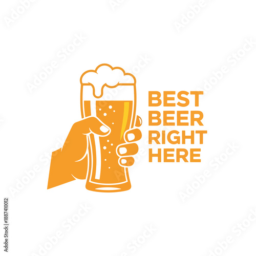 Vibrant graphic design showcasing a hand holding a foamy glass of golden beverage with text.
