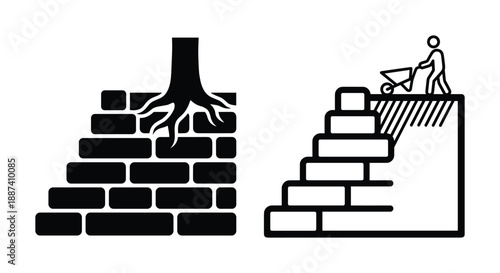 Wall damage with roots and construction with wheelbarrow illustration