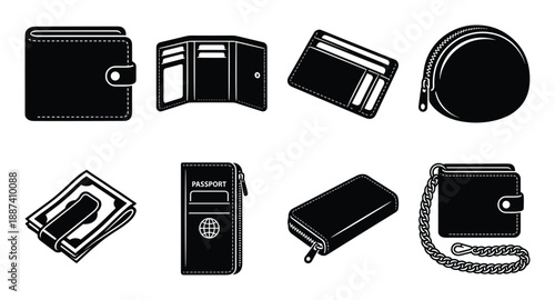 Wallet and passport vector illustration set of different types. Money clip and purse, financial accessories.