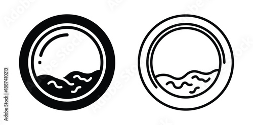 Washing machine icons with water. Laundry symbols in black and white. Appliance outline illustrations