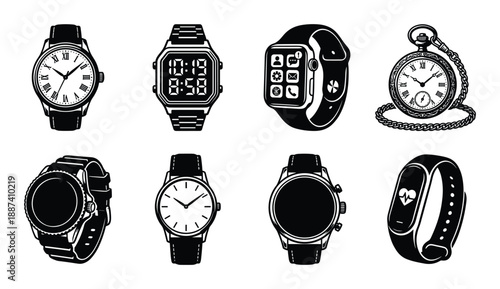 Collection of Diverse Timepieces: Classic Analog, Digital, and Smartwatch Designs in Black and White Vector Format