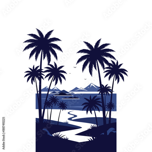 Tropical Paradise Silhouette Vector Illustrating Palm Trees, Ocean, and Distant Mountains