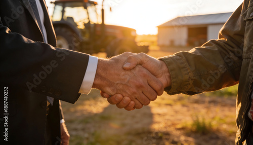 Closeup handshake between business partner and farmer at rural farm during sunset with tractor and barn agribusiness agreement financing deal concept