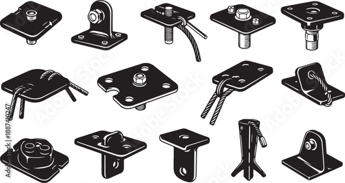 Various metal clamp and bracket designs illustrated in black