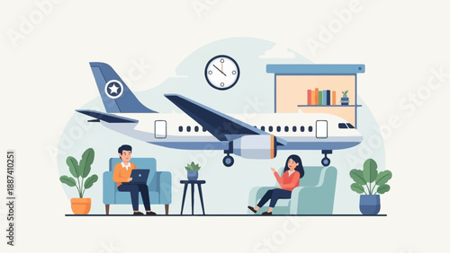 People relax near a plane, a clock, and a bookshelf
