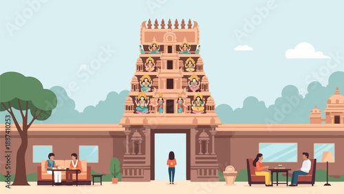 People relax near an ornate ancient temple structure under a cloudy sky