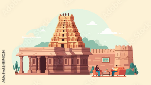 People relax near ancient temple architecture with tower and walls