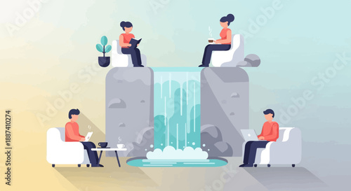 People relax near waterfall, working and reading with drinks