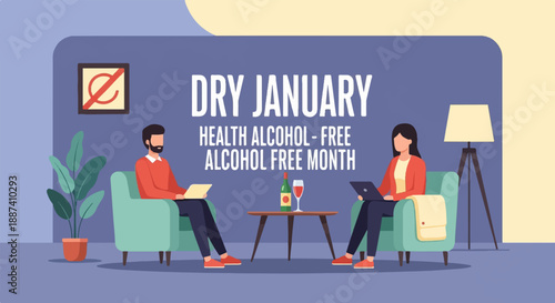 People relax on chairs with laptop, drink, and plant for Dry January
