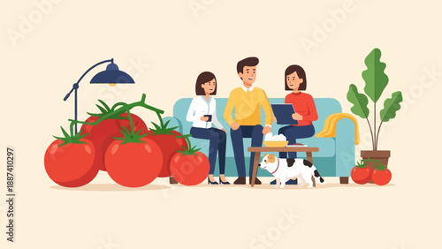 People relax on couch with tomatoes and dog near potted plant