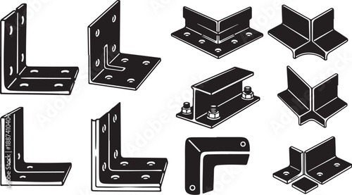 Metal bracket corner connectors and fasteners set illustration