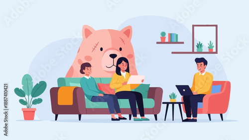 People relaxing and working in a cozy room with a large teddy bear