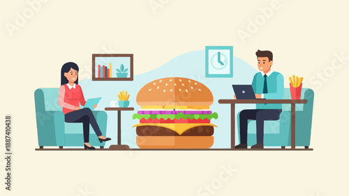 People relaxing and working with a giant burger in the center