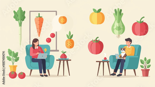 People relaxing at home surrounded by various colorful fruits and vegetables