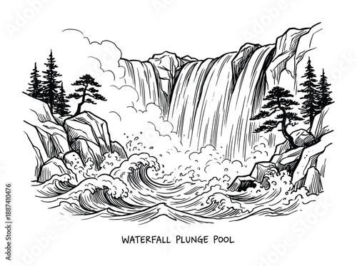 Waterfall plunge pool drawing with flowing water and trees on rocks, vector illustration black and white