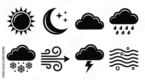 Weather forecast icons set vector illustration showing sun, moon, cloud, rain, snow, wind, lightning and waves